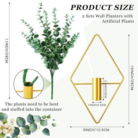 2 Pieces Diamond Shape Hanging Planters with Artificial Aquatic Plants Metal - Picture 2 of 7